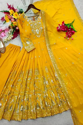 Yellow faux georgette embroidered flared gown set