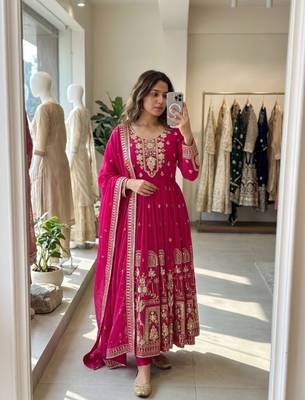 Rani-pink faux georgette embroidered flared gown set 1