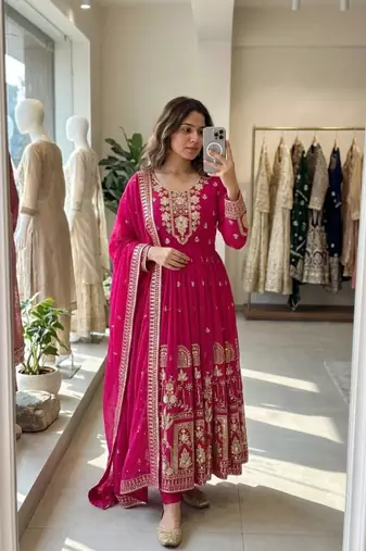 Rani-pink faux georgette embroidered flared gown set