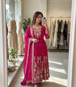 Rani-pink faux georgette embroidered flared gown set
