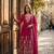 Rani-pink faux georgette embroidered flared gown set