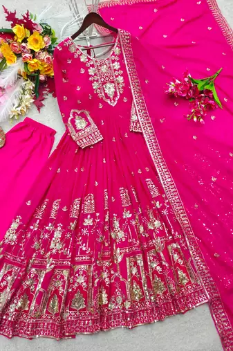 Rani-pink faux georgette embroidered flared gown set