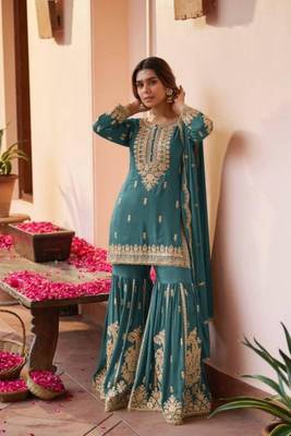 Teal faux georgette embroidered sharara set 1
