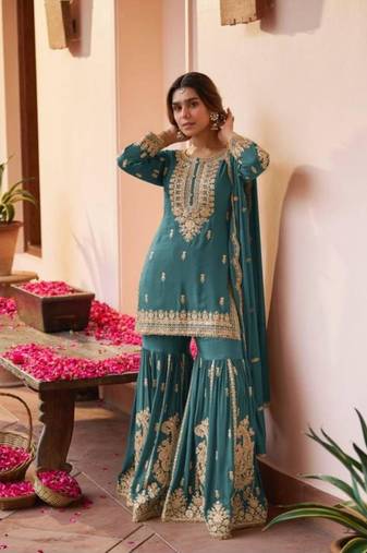 Teal faux georgette embroidered sharara set