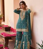 Teal faux georgette embroidered sharara set