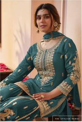 Teal faux georgette embroidered sharara set 2