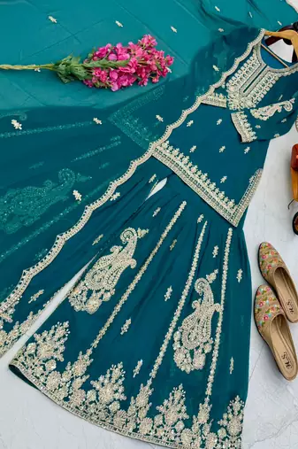 Teal faux georgette embroidered sharara set