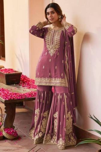 Mauve faux georgette embroidered sharara set