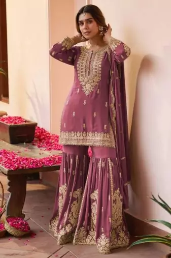 Mauve faux georgette embroidered sharara set