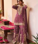 Mauve faux georgette embroidered sharara set