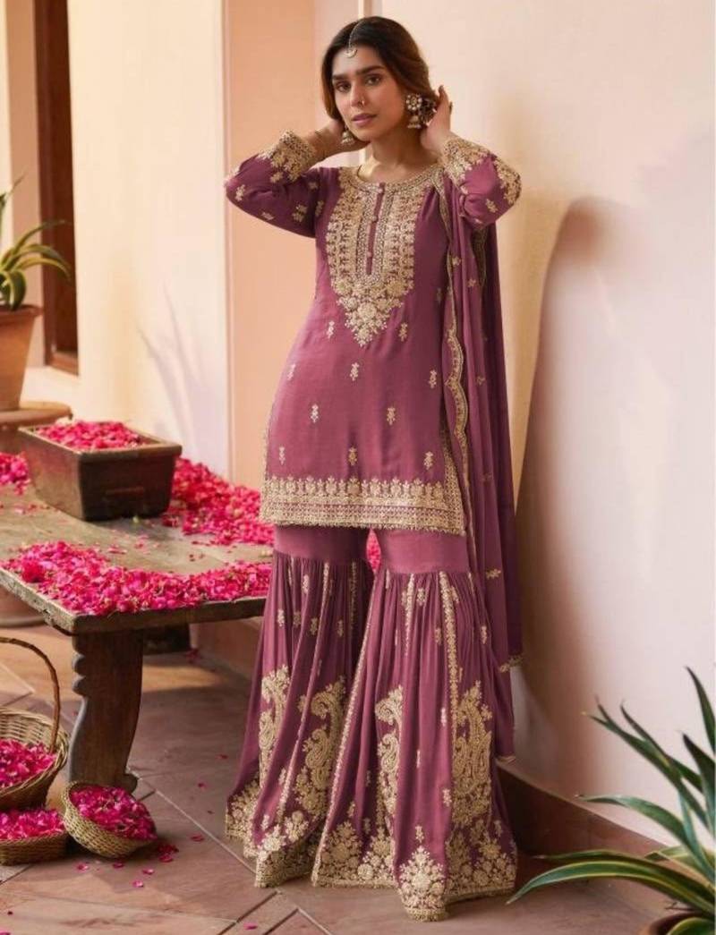 Mauve faux georgette embroidered sharara set
