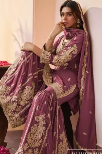 Mauve faux georgette embroidered sharara set