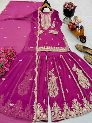 Mauve faux georgette embroidered sharara set 3