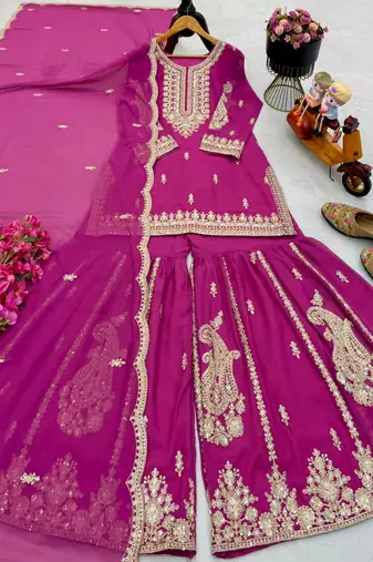 Mauve faux georgette embroidered sharara set