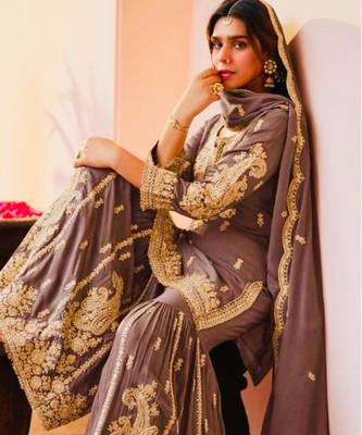 Brown faux georgette embroidered sharara set 2