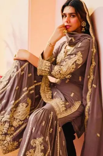 Brown faux georgette embroidered sharara set