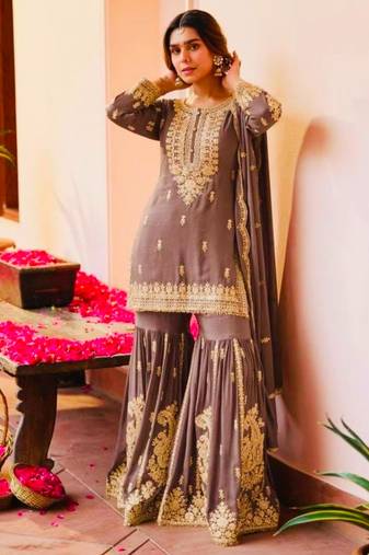 Brown faux georgette embroidered sharara set