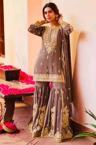 Brown faux georgette embroidered sharara set