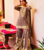 Brown faux georgette embroidered sharara set