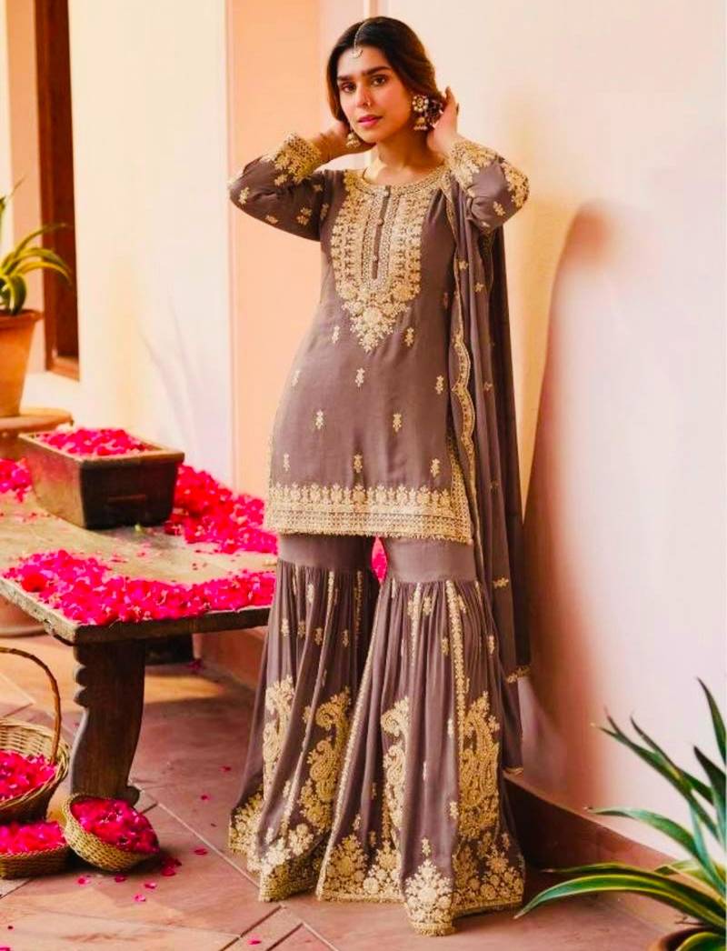 Brown faux georgette embroidered sharara set