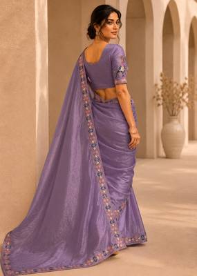 attractive lavender embroidery work with real bits work fendy satin indian wedding saree 3