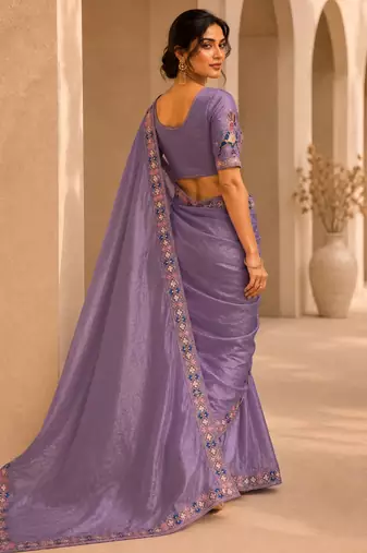 attractive lavender embroidery work with real bits work fendy satin indian wedding saree