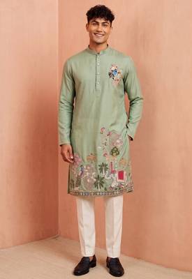 Men polystar & satin silk beads & embroidered work kurta set 1
