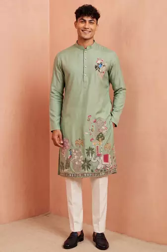 Men polystar & satin silk beads & embroidered work kurta set