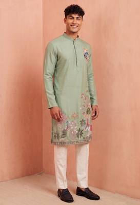 Men polystar & satin silk beads & embroidered work kurta set 2