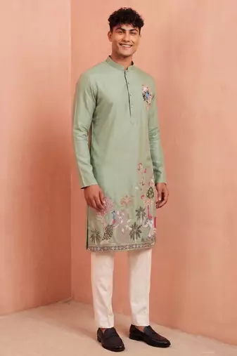 Men polystar & satin silk beads & embroidered work kurta set