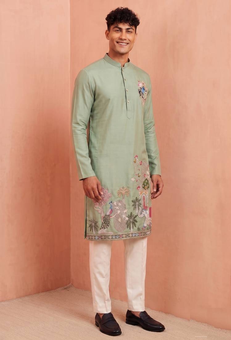 Men polystar & satin silk beads & embroidered work kurta set