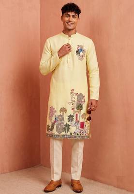 Men polystar & satin silk beads & embroidered work kurta set 1
