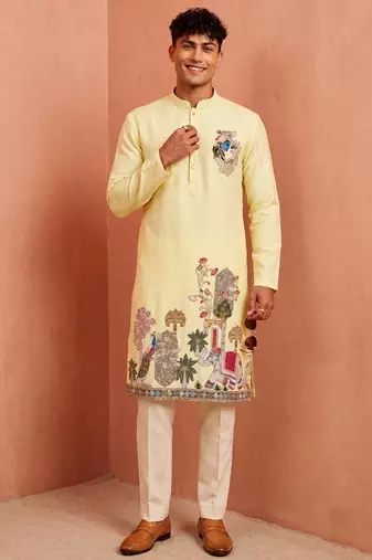 Men polystar & satin silk beads & embroidered work kurta set
