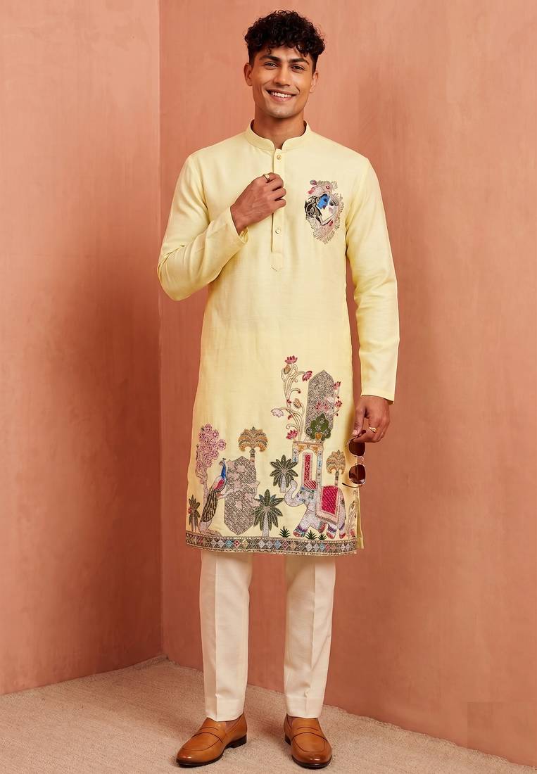 Men polystar & satin silk beads & embroidered work kurta set