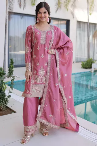 Pink silk blend embroidered palazzo set