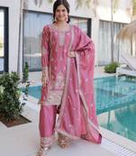 Pink silk blend embroidered palazzo set