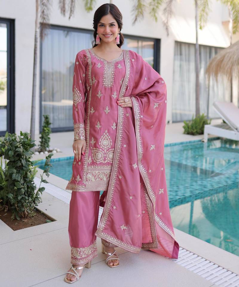 Pink silk blend embroidered palazzo set