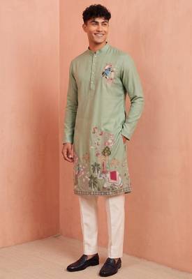 Men polystar & satin silk beads & embroidered work kurta set 3