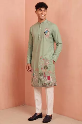 Men polystar & satin silk beads & embroidered work kurta set