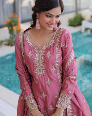 Pink silk blend embroidered palazzo set 2