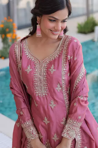 Pink silk blend embroidered palazzo set