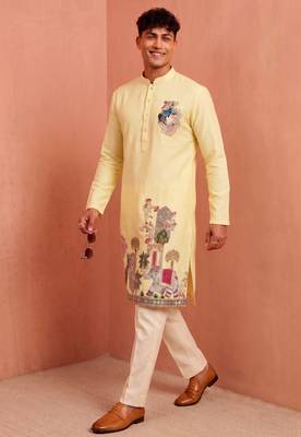 Men polystar & satin silk beads & embroidered work kurta set 2