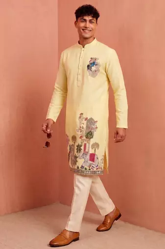 Men polystar & satin silk beads & embroidered work kurta set