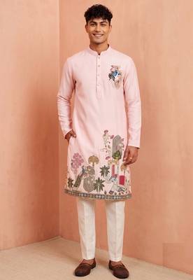 Men polystar & satin silk beads & embroidered work kurta set 1