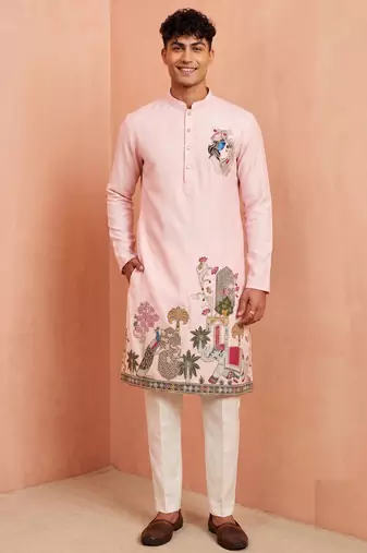 Men polystar & satin silk beads & embroidered work kurta set