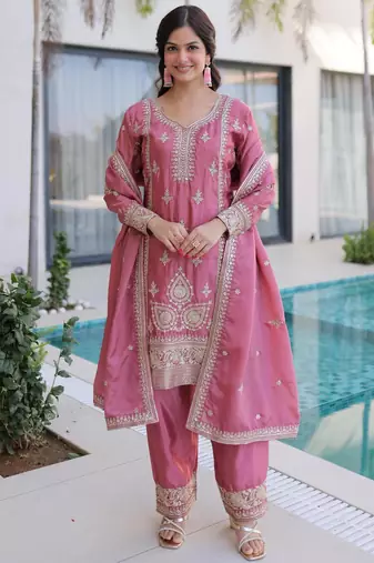 Pink silk blend embroidered palazzo set