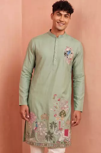 Men polystar & satin silk beads & embroidered work kurta set