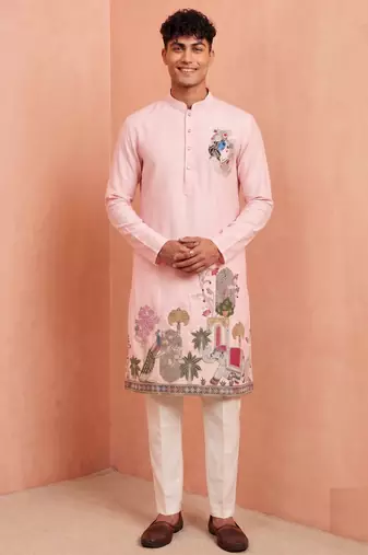 Men polystar & satin silk beads & embroidered work kurta set