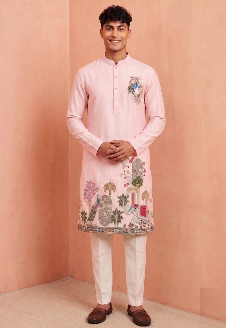 Men polystar & satin silk beads & embroidered work kurta set