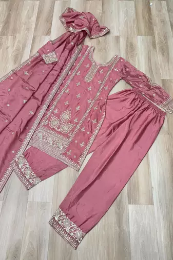 Pink silk blend embroidered palazzo set